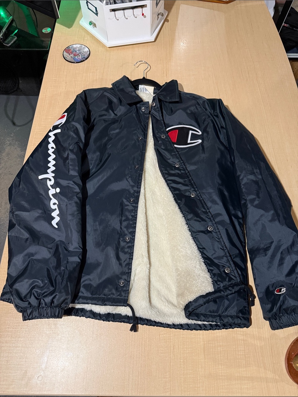 Champion Black Coach Jacket with White Sherpa Lining